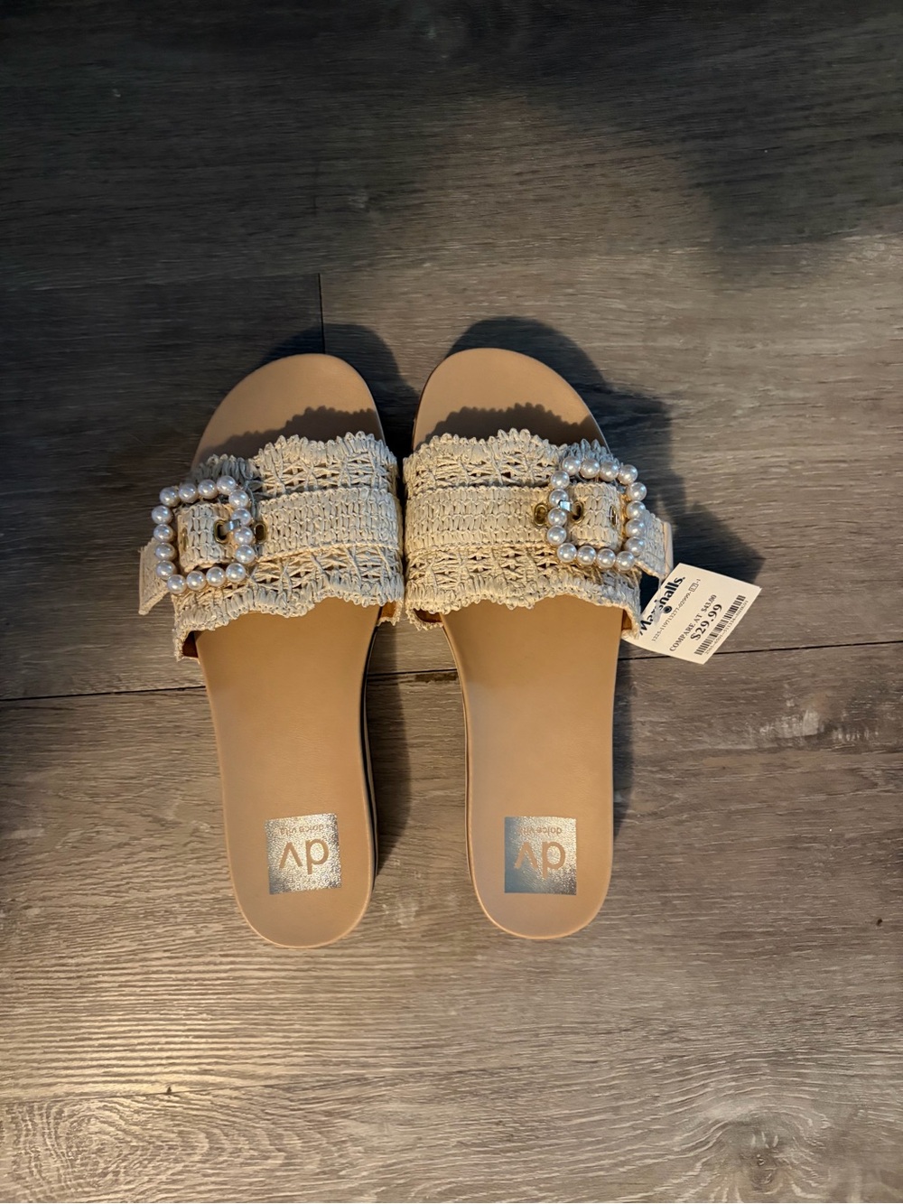 Dolce Vita Cream Crochet Slide Sandals with Pearl Buckle